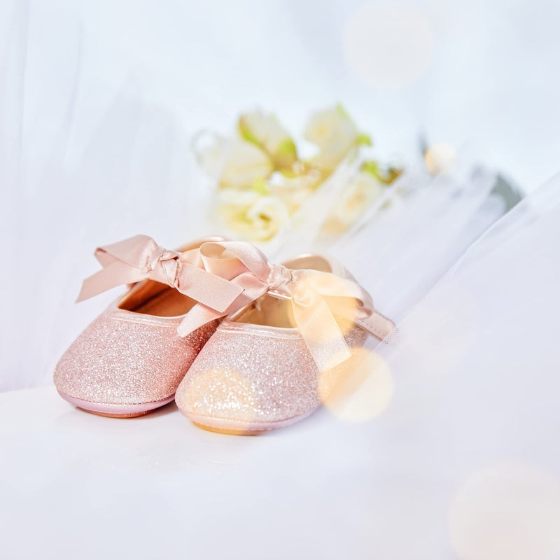Felix & Flora Infant Baby Girls Shoes Soft Rubber Sole Princess Dress Shoes Baby Walking Shoes(Infant/Toddler)(12-18 Months Infant,Glitter Pink) - Image 2
